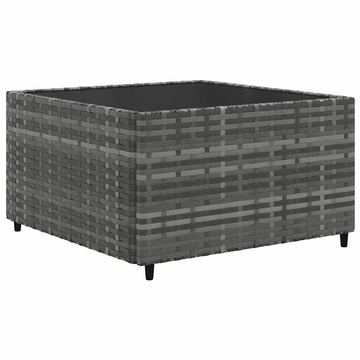 Un set di mobili da esterno quadrati grigi intrecciati. Il set è su uno sfondo bianco.
