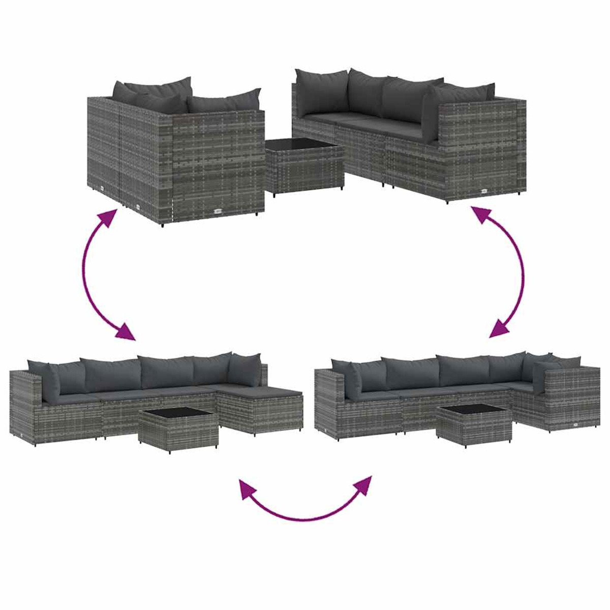 Un set di divani in rattan grigio disposto in diverse configurazioni, su sfondo bianco.