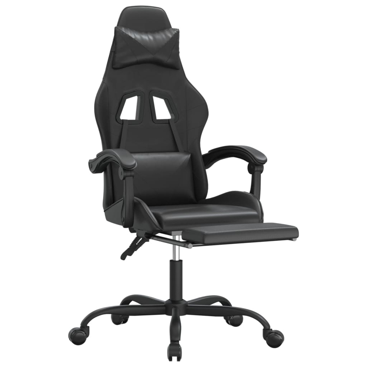 Ein schwarzer Gaming-Stuhl mit Kopfstütze, Armlehnen und Fußstütze, vor weißem Hintergrund.