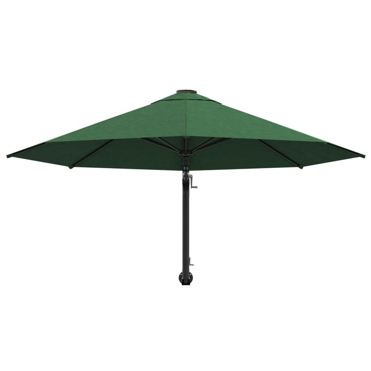 Grüner Sonnenschirm, geöffnet. Dunkelgrünes Verdeck. Schwarze Stange mit Rädern unten.
