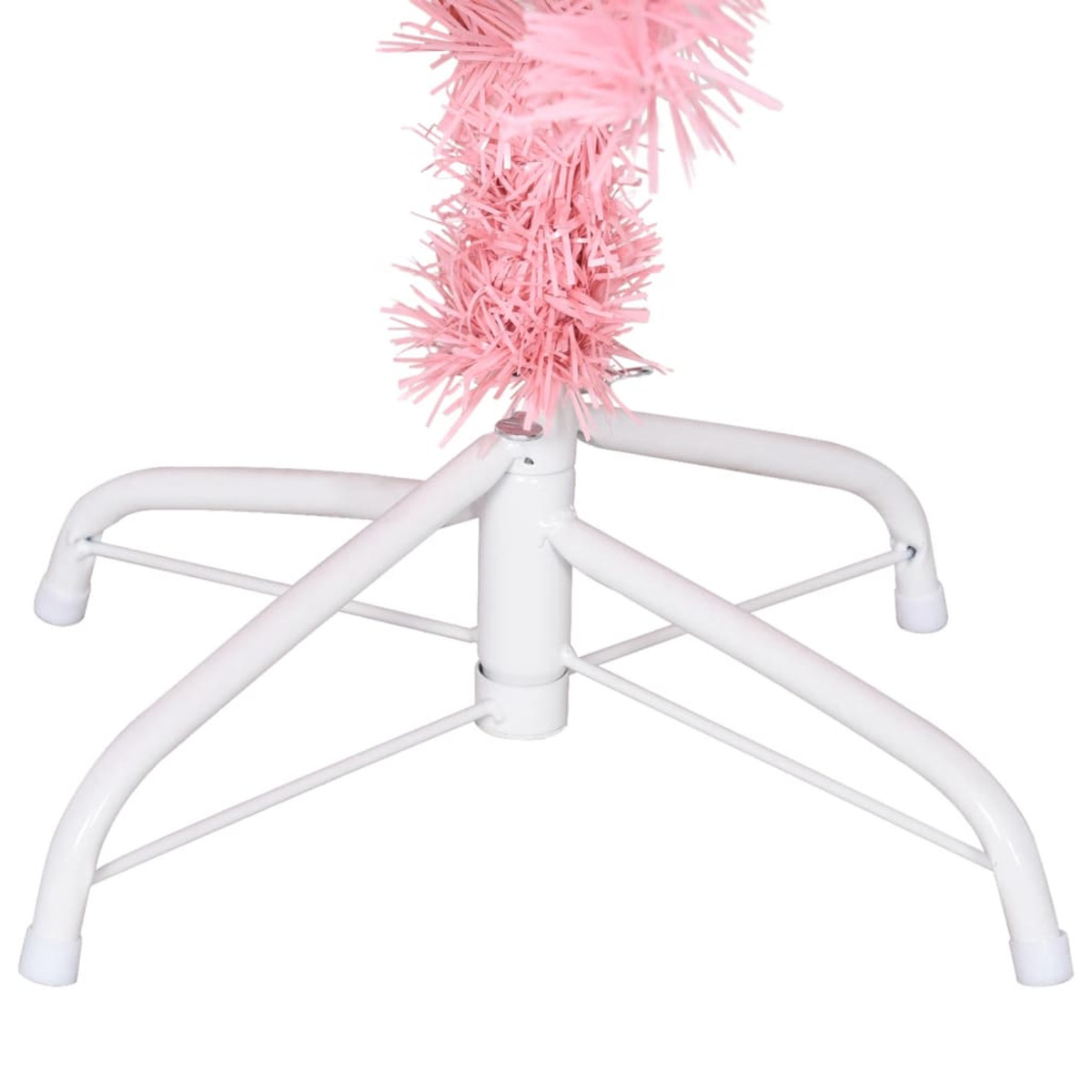 Ein weißer Weihnachtsbaumständer mit rosa Baumzweigen darüber.