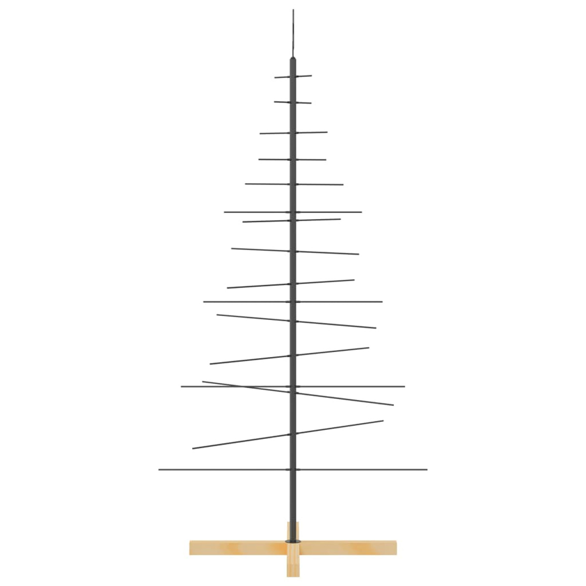 Ein schwarzer minimalistischer Weihnachtsbaum. Er besteht aus einem zentralen Pfosten und horizontalen Linien.