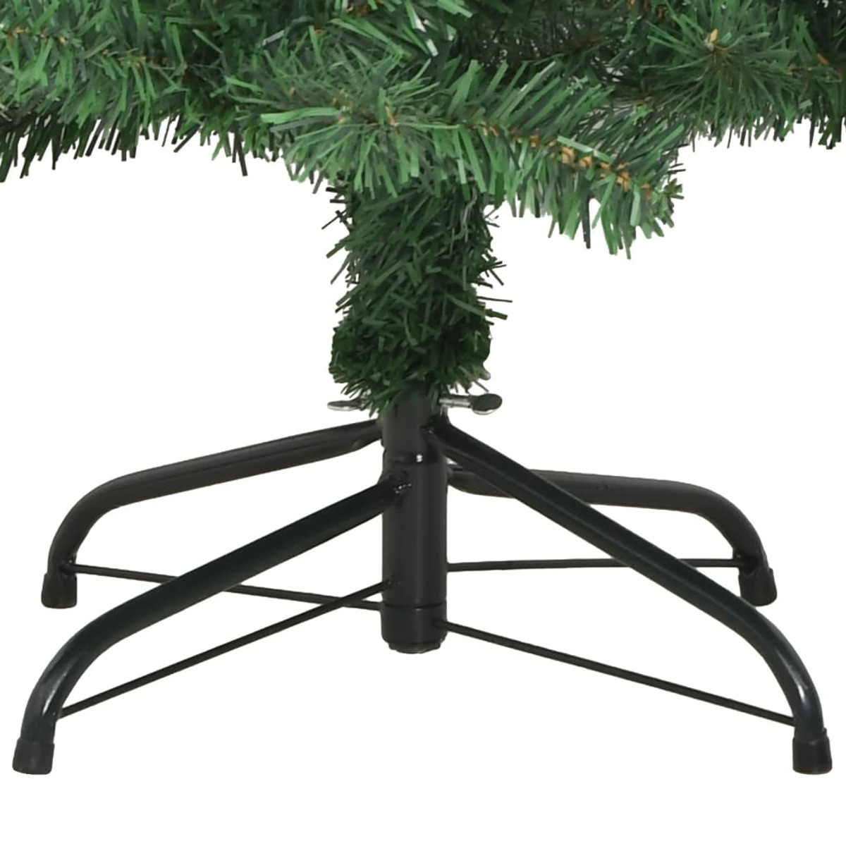 Nahaufnahme des schwarzen Ständers eines künstlichen grünen Weihnachtsbaums mit vier Beinen.