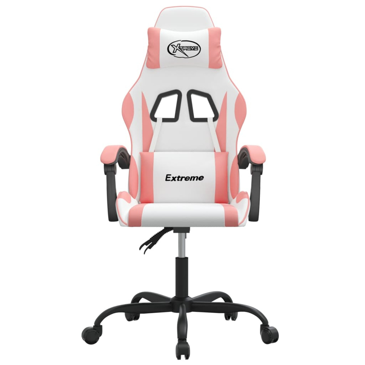 Ein pink-weißer Gaming-Stuhl mit schwarzen Akzenten. Der Stuhl hat eine Kopfstütze und Armlehnen.