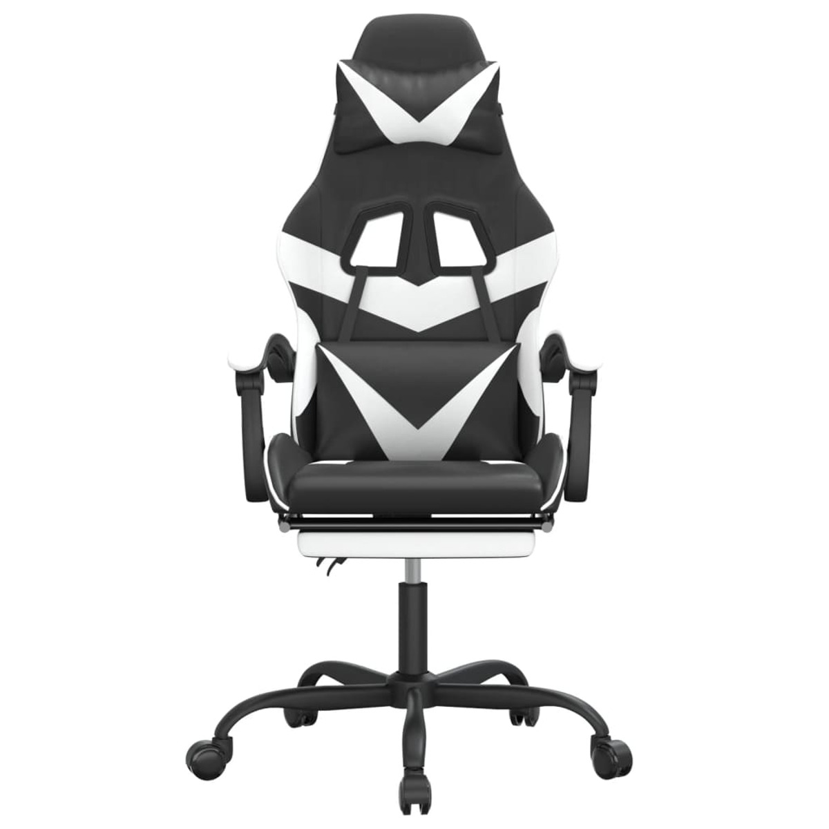 Ein schwarz-weißer Gaming-Stuhl von vorne. Der Stuhl hat ein schwarzes Gestell mit Rollen und ein weißes Design.