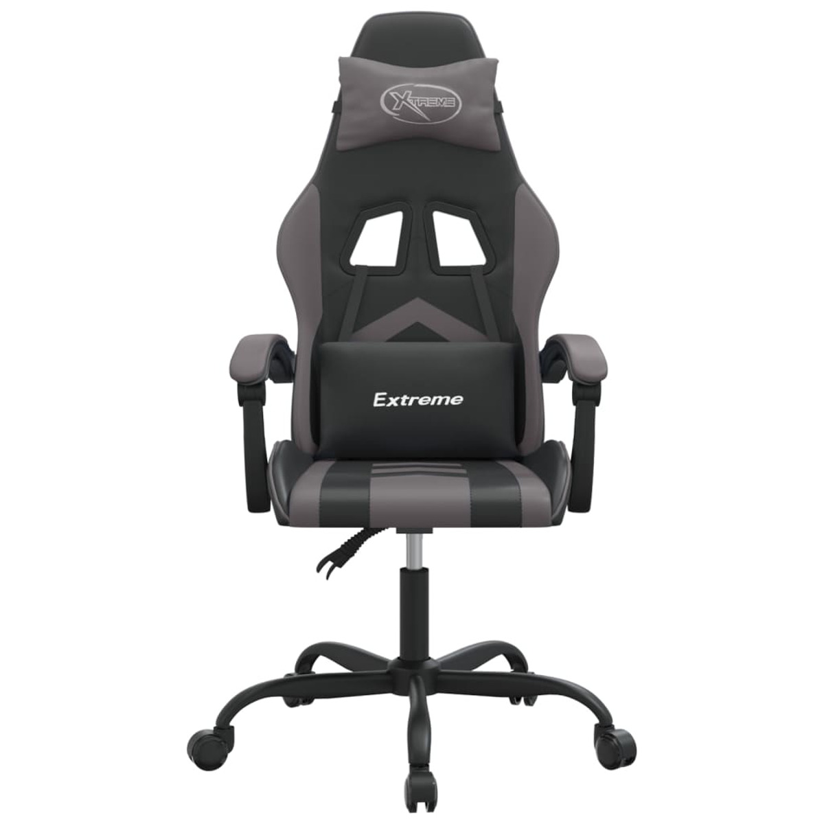 Grauer und schwarzer Gaming-Stuhl, nach vorne gerichtet. Er hat ein Nackenkissen und Lendenwirbelstütze.
