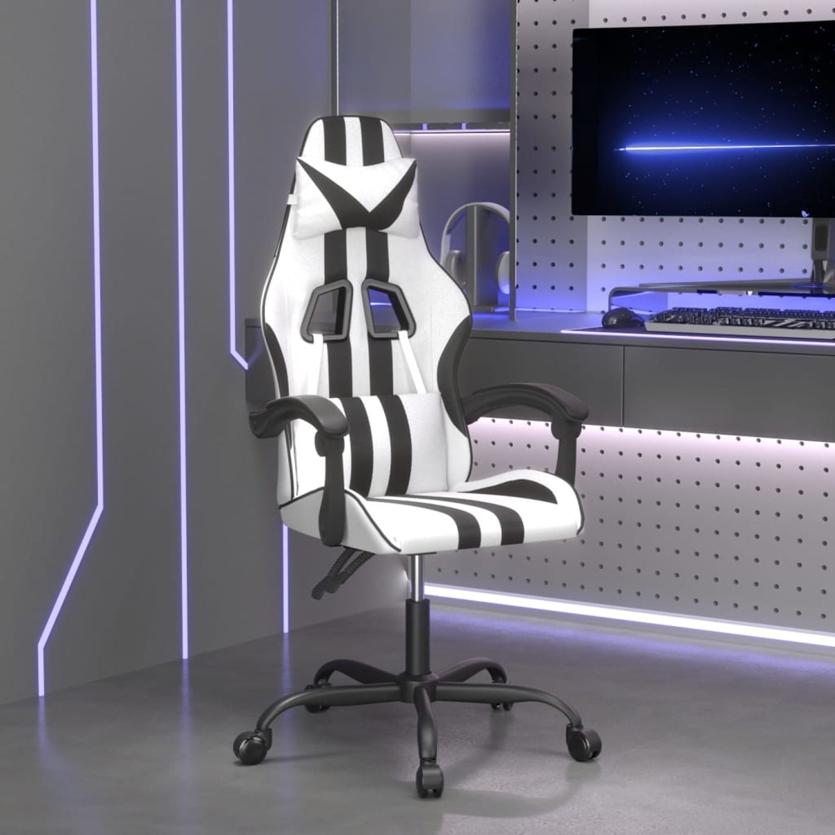 Weißer und schwarzer Gaming-Stuhl in einem Raum. Grauer und blauer Hintergrund.
