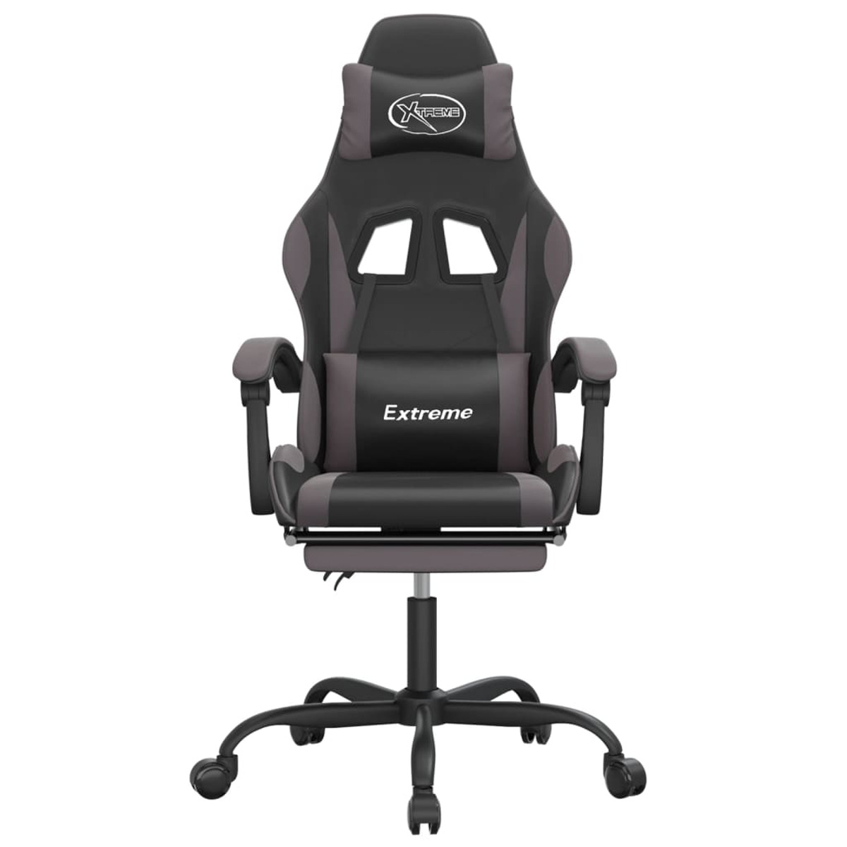 Ein schwarz-grauer Gaming-Stuhl. Er hat eine Kopfstütze, Rückenlehne, Armlehnen und Rollen auf einem Fuß.