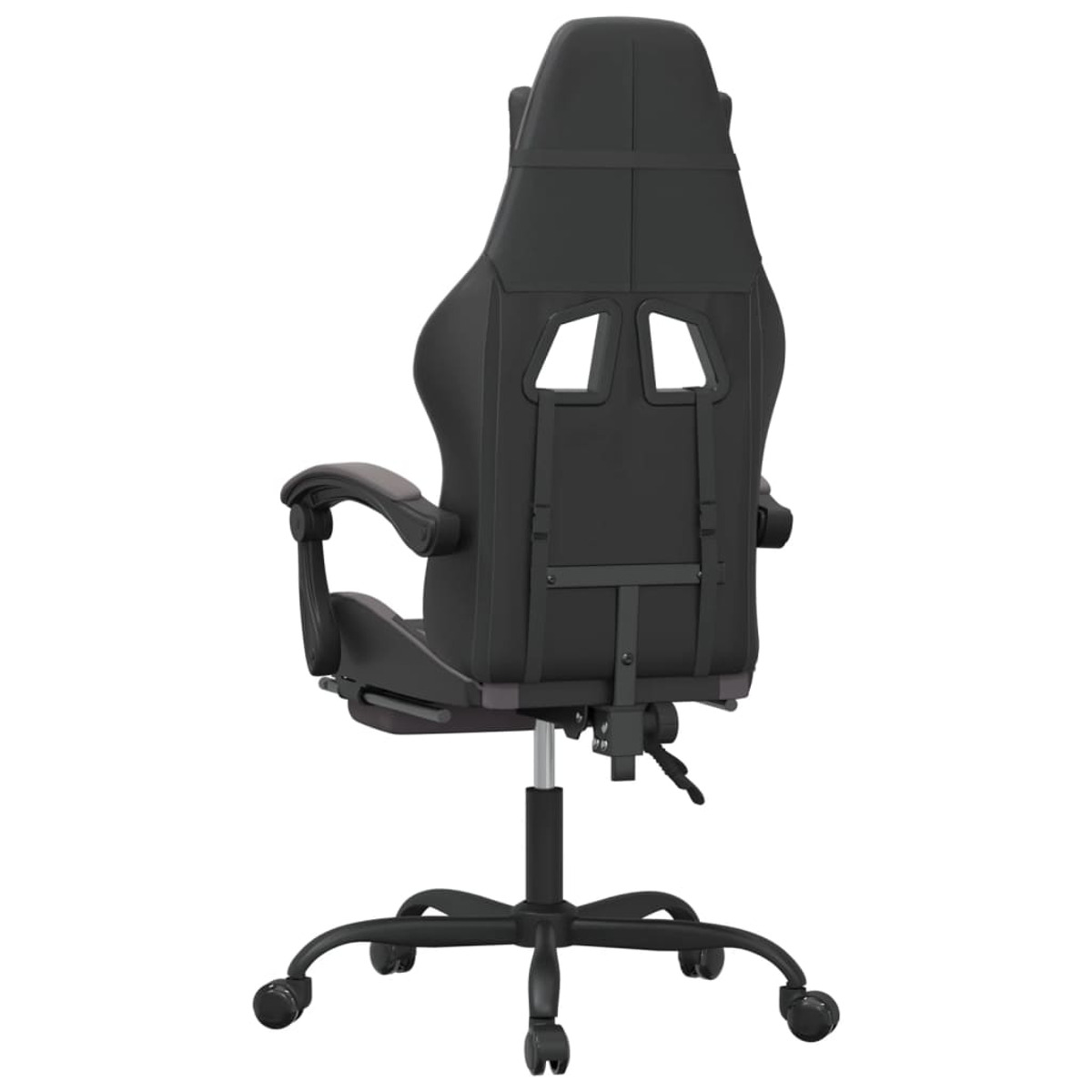 Schwarzer Gaming-Stuhl, Rückansicht. Der Stuhl hat ein schwarzes Gestell und eine Rückenlehne mit Aussparungen.