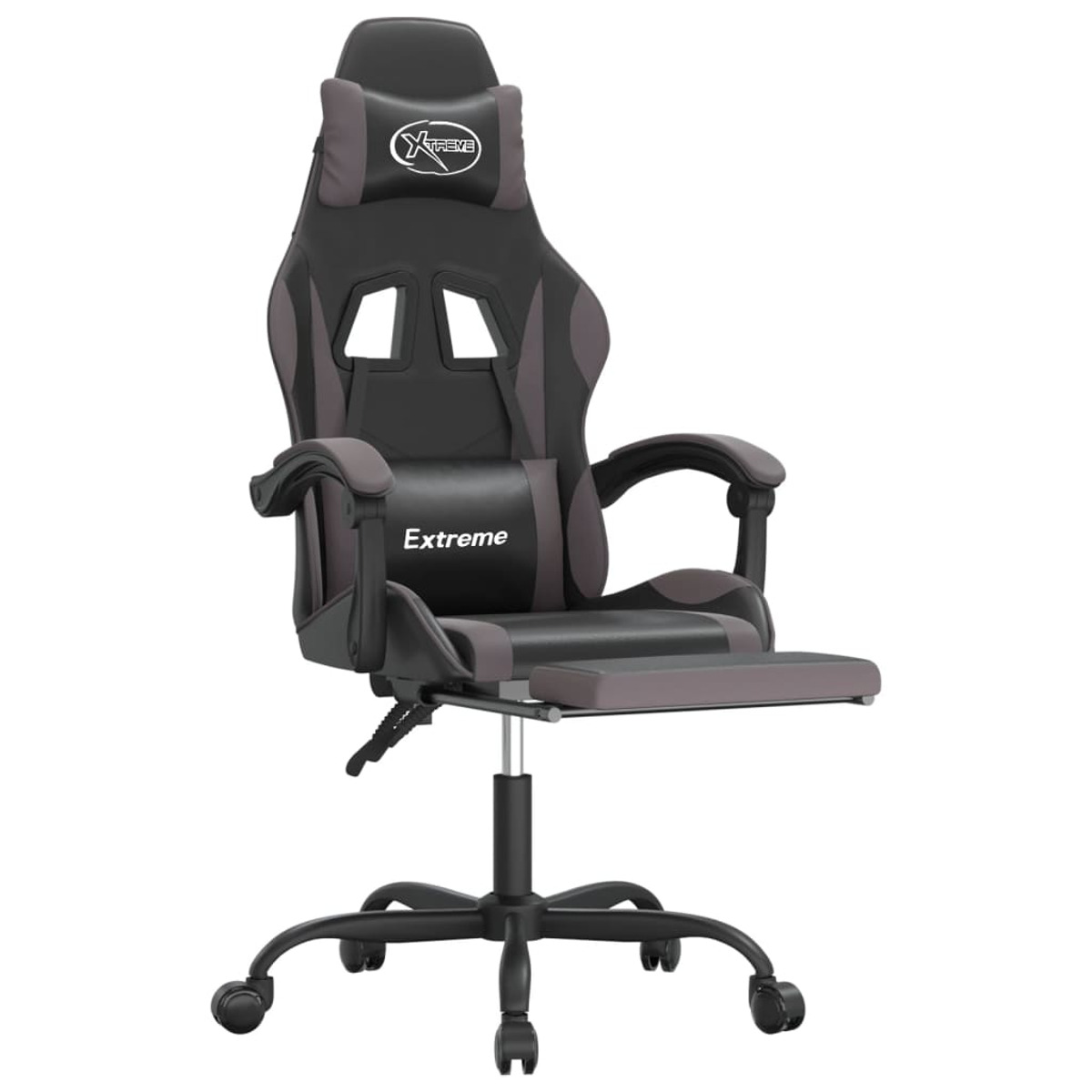 Gaming-Stuhl mit schwarzem und grauem Design. Er hat eine Kopfstütze und Fußstütze, schwarze Räder.
