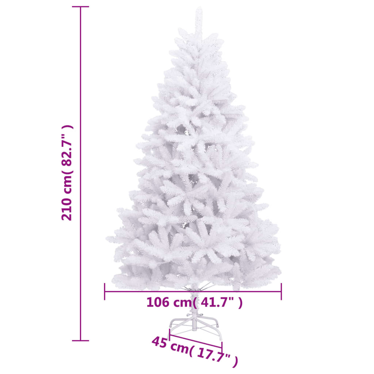 Weißer Weihnachtsbaum mit Maßen in cm und Zoll.