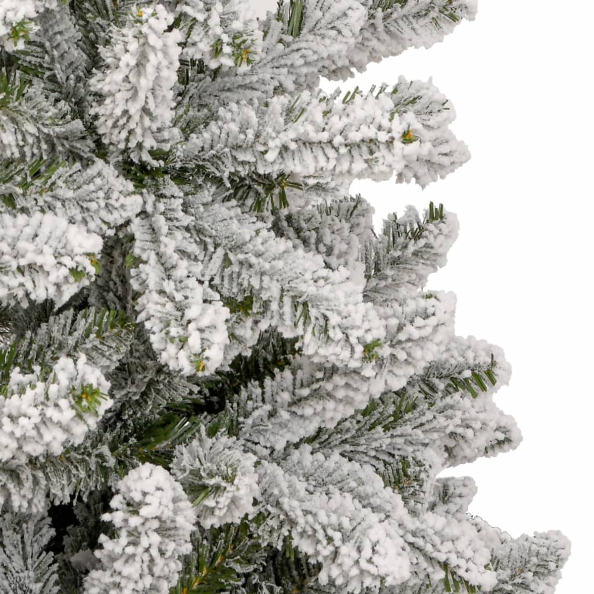 Nahaufnahme eines schneebedeckten Weihnachtsbaumzweigs auf Weiß.