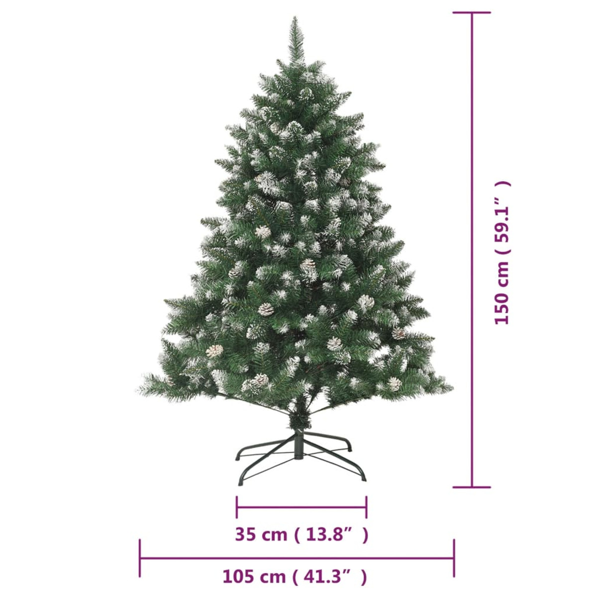 Grüner Weihnachtsbaum mit Schnee und weißem Ständer. Maße: 150 cm hoch, 105 cm breit.
