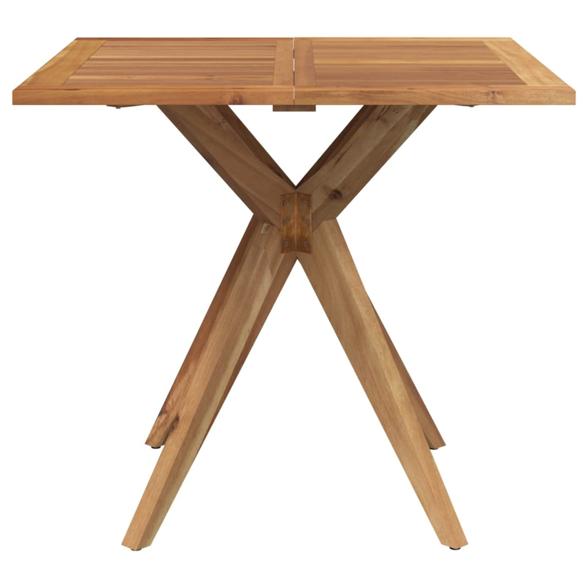 Holztisch mit X-förmigen Beinen, quadratischer Platte. Naturholzfarbe.