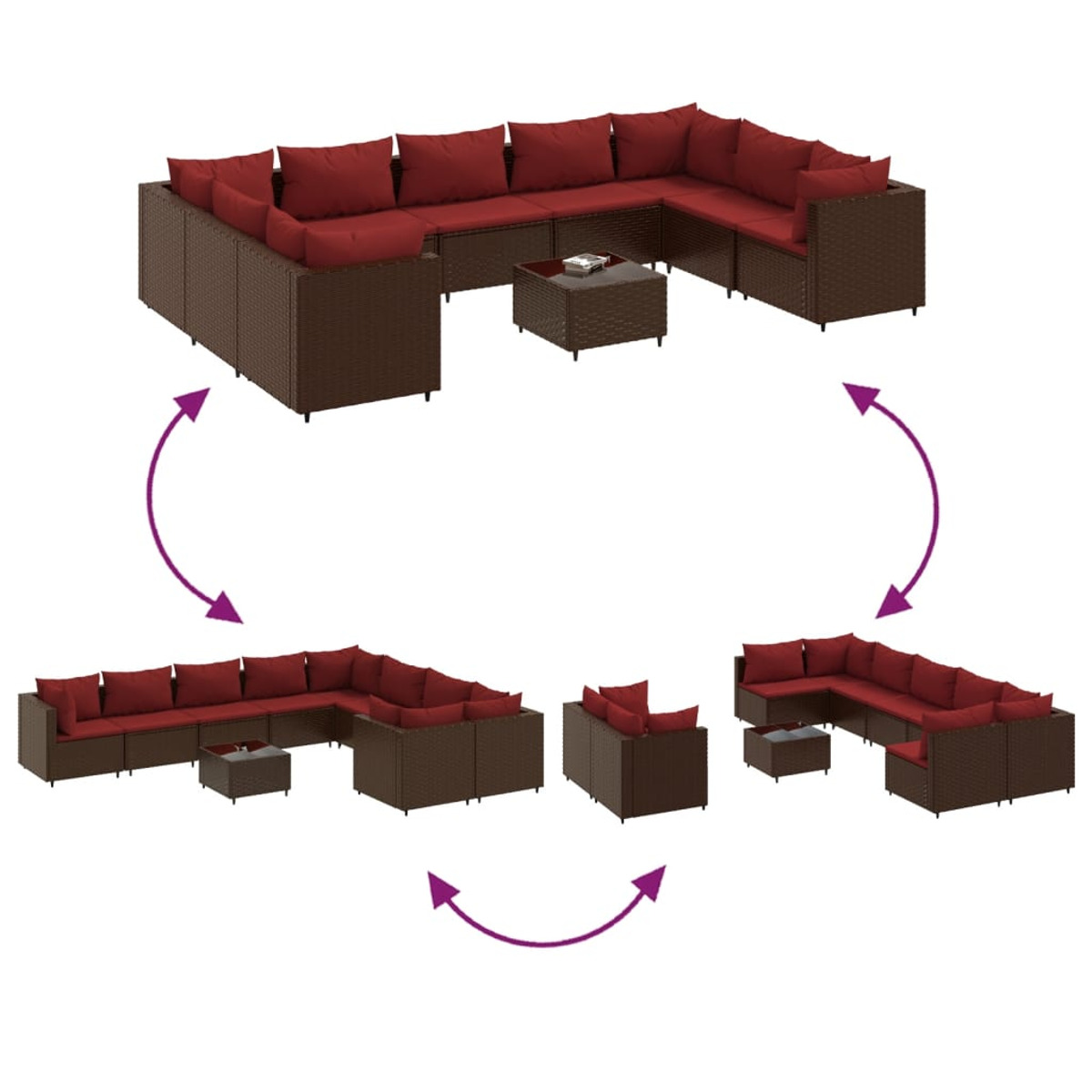 Sofá seccional exterior marrón con cojines rojos, mostrado en diferentes configuraciones.
