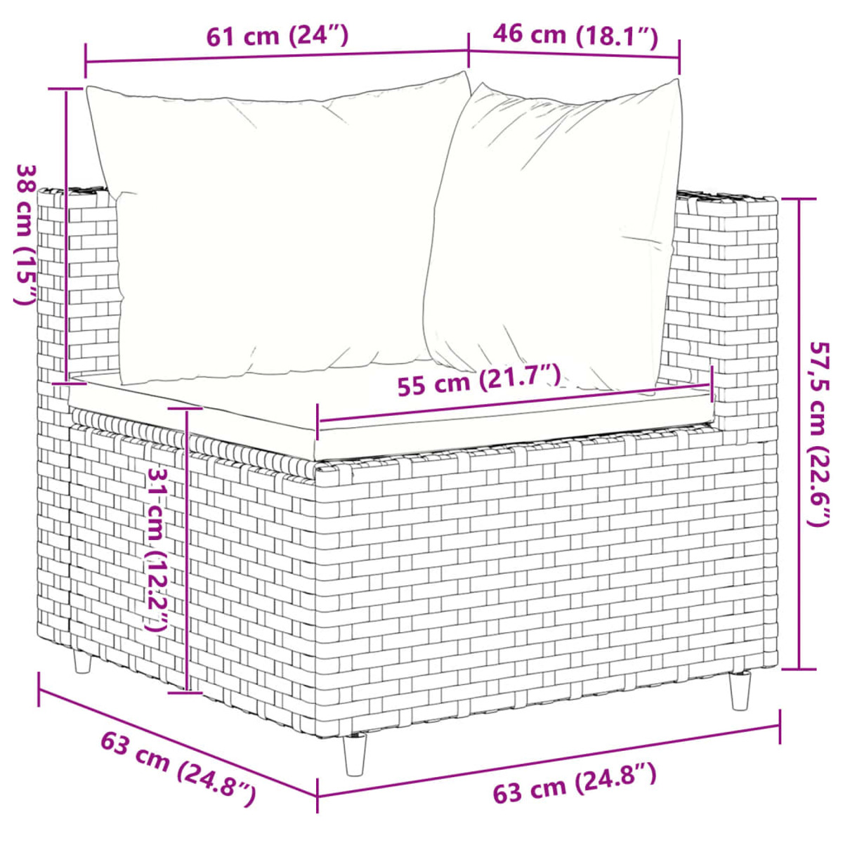Una silla de mimbre con dimensiones. Tiene cojín de asiento y cojines de respaldo. Se muestran las medidas.