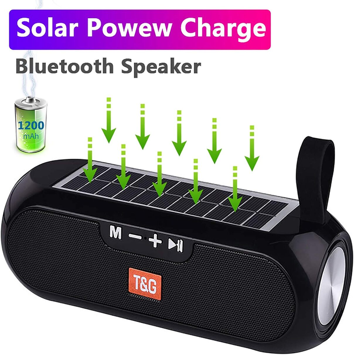 Altavoz negro con paneles solares en la parte superior. Fondo blanco.