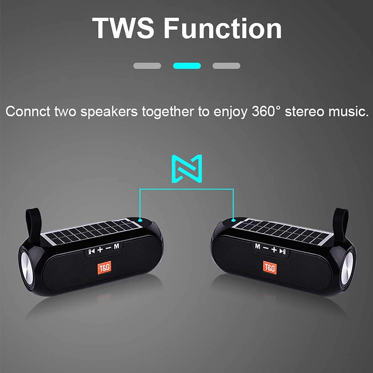 Dos altavoces negros mostrando la función TWS. Altavoces negros con una línea de conexión azul.
