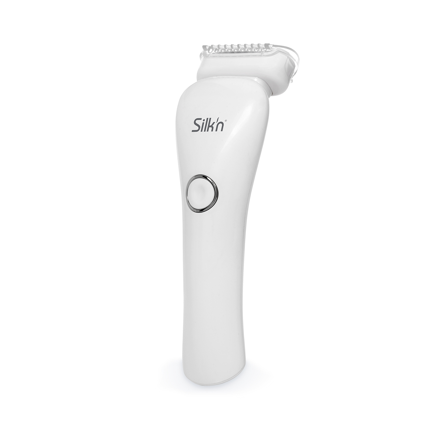 Biały epilator z marką 'Silk'n'. Urządzenie jest ustawione pod kątem do zdjęcia studyjnego.