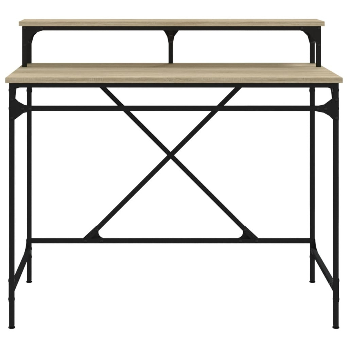 Ein Holzschreibtisch mit schwarzem Metallrahmen, mit einem oberen Regal und einer X-förmigen Stütze.