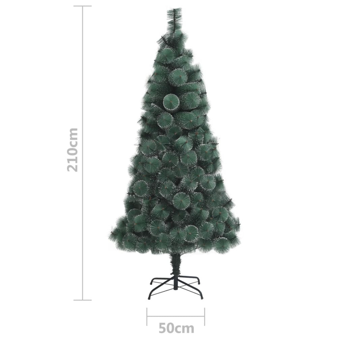 Ein grüner künstlicher Weihnachtsbaum mit Abmessungen auf weißem Hintergrund.