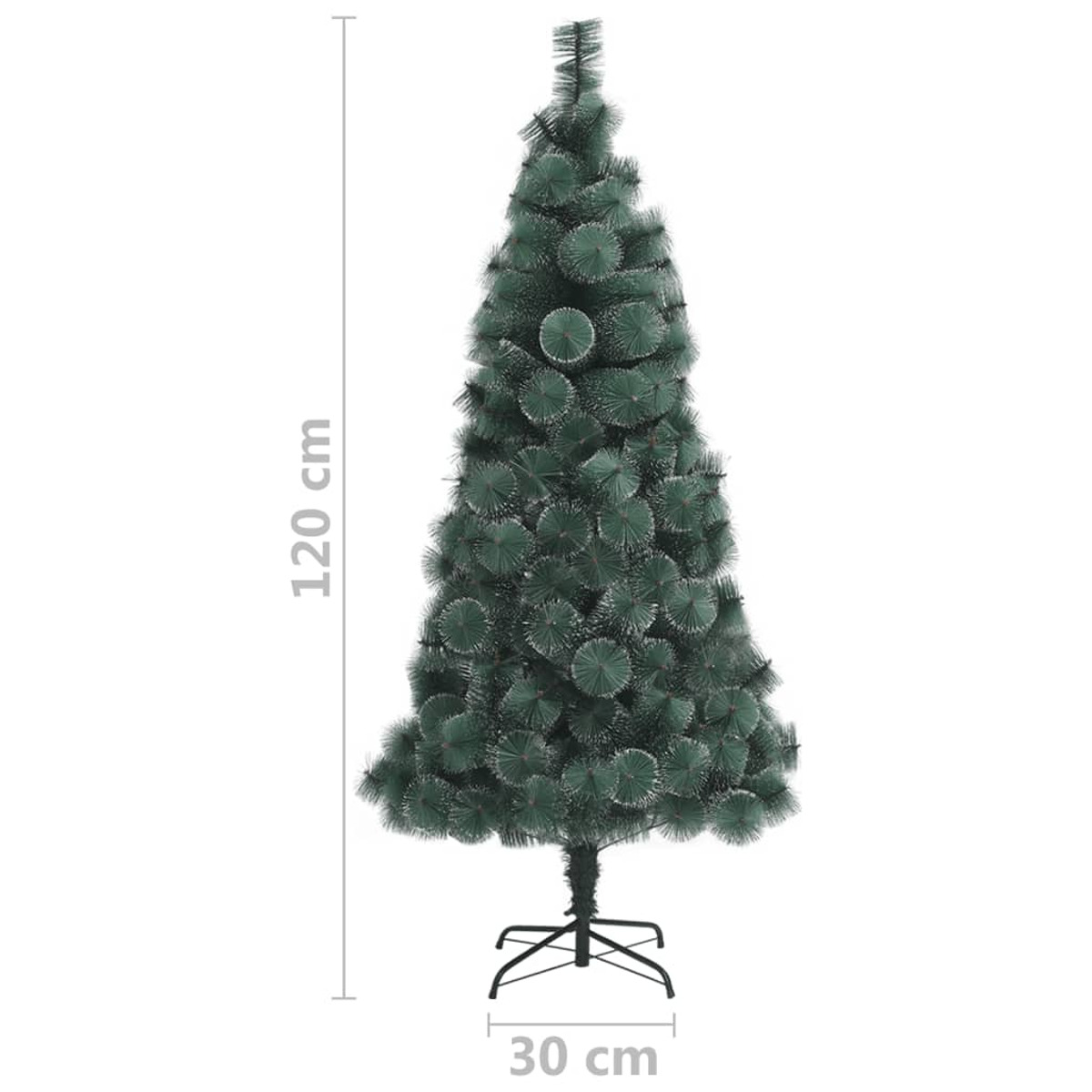Ein grüner Weihnachtsbaum auf einem Ständer. Der Baum ist 120 cm hoch und 30 cm breit.