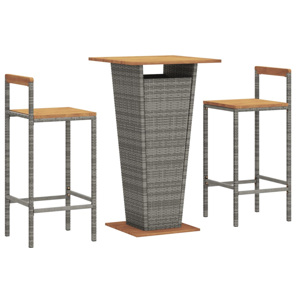 Ein grauer Bartisch im Rattan-Stil und zwei Barhocker. Die Tischplatte ist holzfarben.
