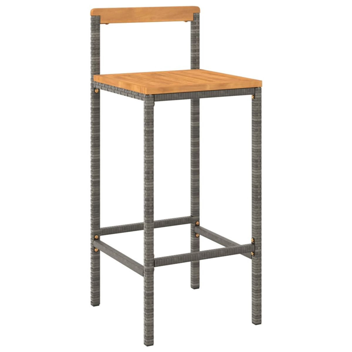 Hoher Barhocker mit Holzsitzt und -lehne. Der Rahmen ist grau.