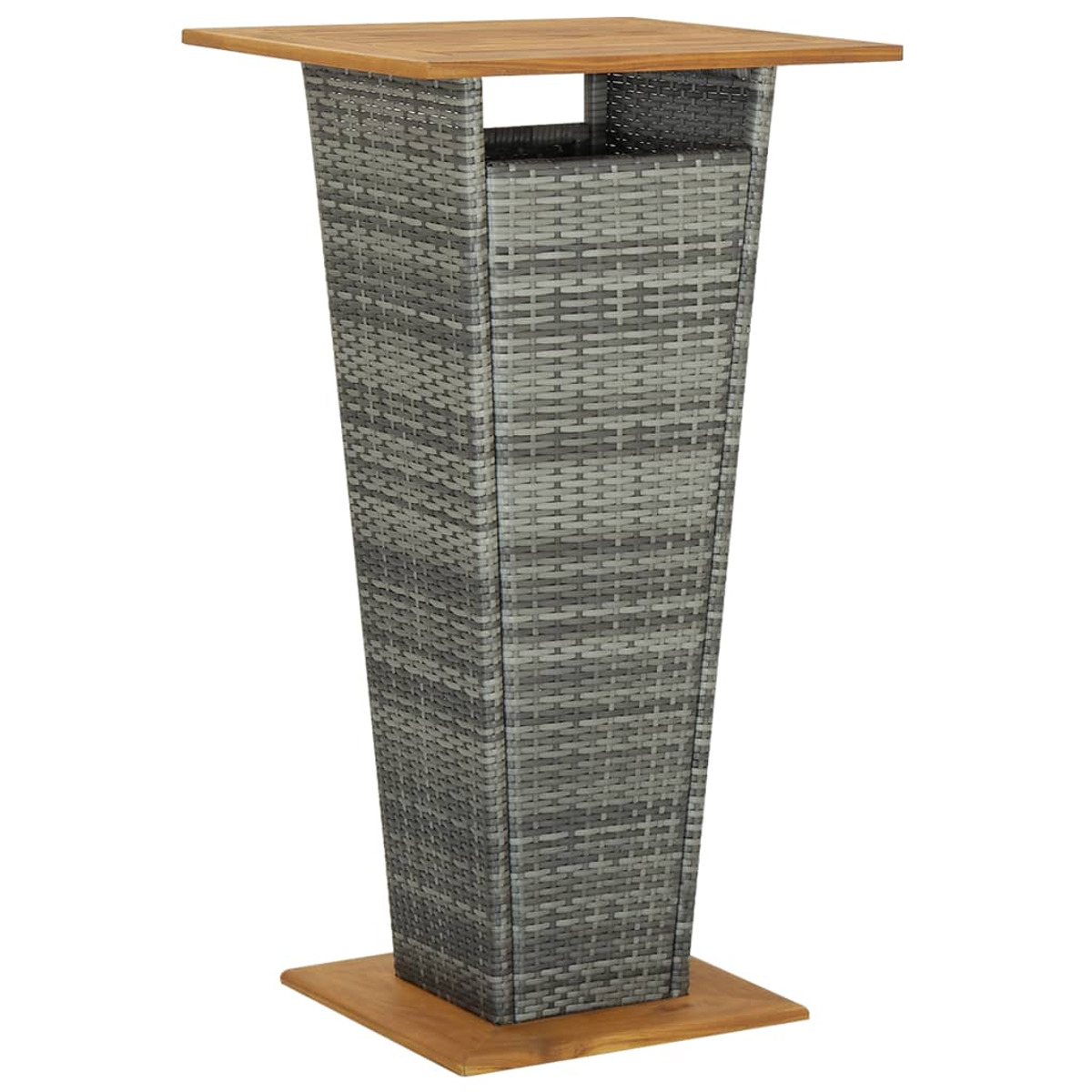 Ein hoher, grau gewebter Bartisch mit Holzplatte und -fuß. Er steht auf einem Holzsockel.