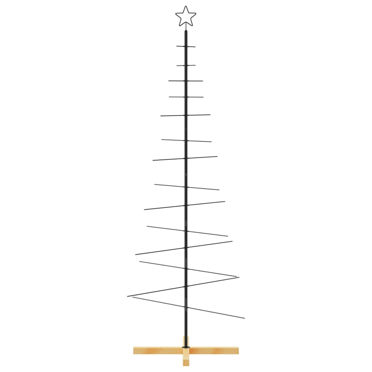 Schwarzer Weihnachtsbaum mit Stern. Er besteht aus dünnen schwarzen Linien und hat einen Holzsockel.