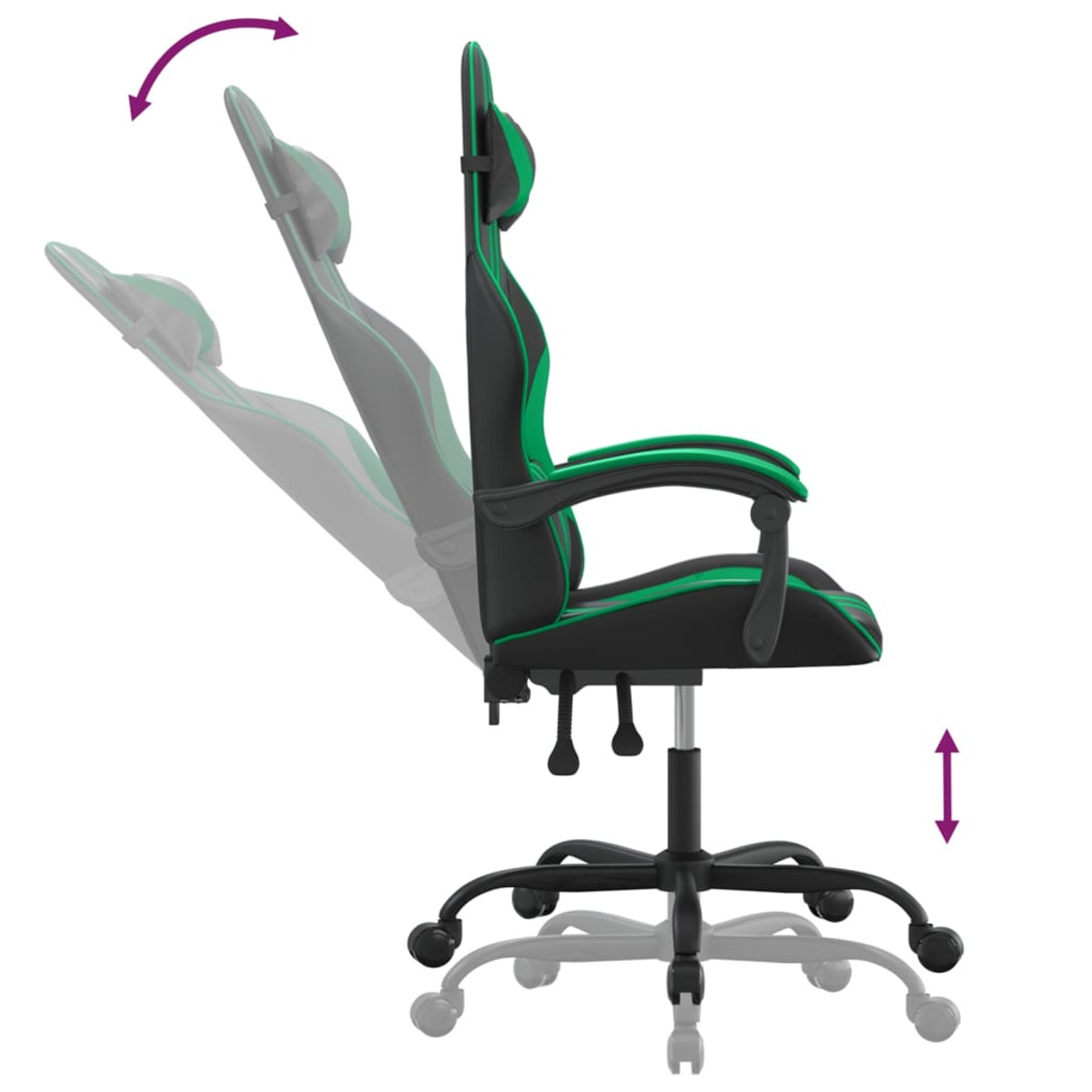 Ein Gaming-Stuhl mit schwarzem und grünem Design. Pfeile zeigen Neigungs- und Höhenverstellung.