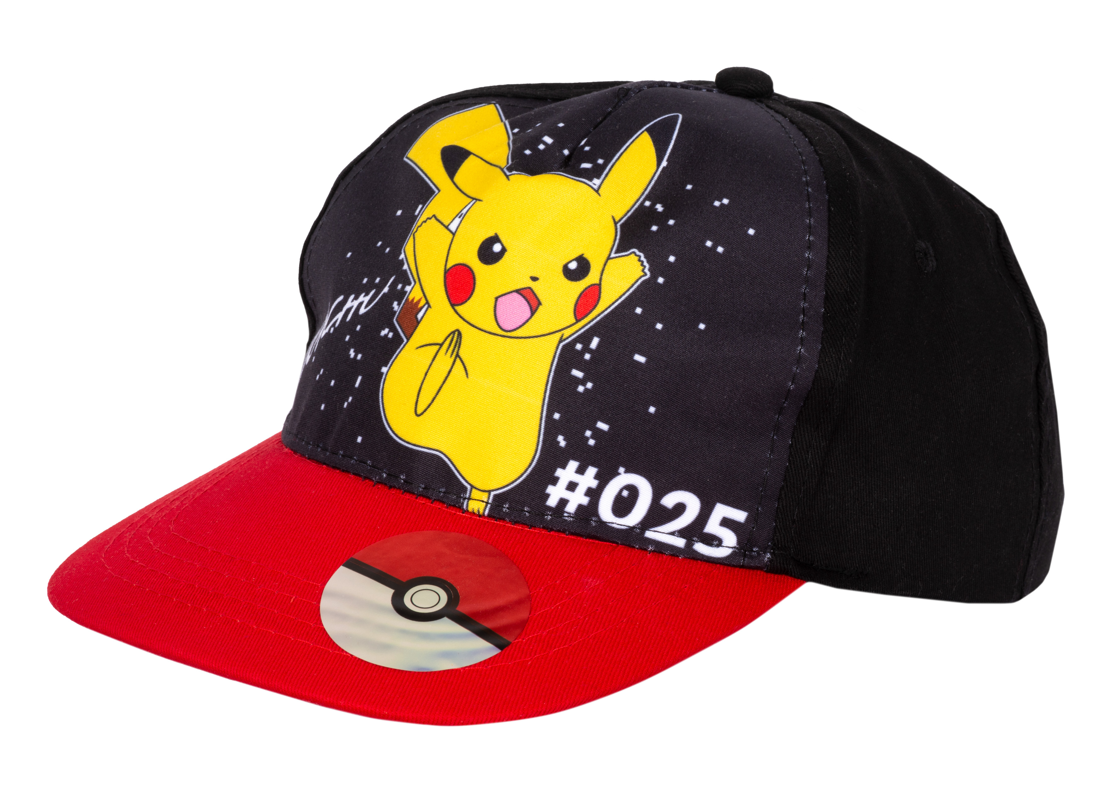 Eine schwarz-rote Baseballkappe mit Pikachu-Design. Die Kappe hat einen roten Schirm und ein Pokémon-Logo.