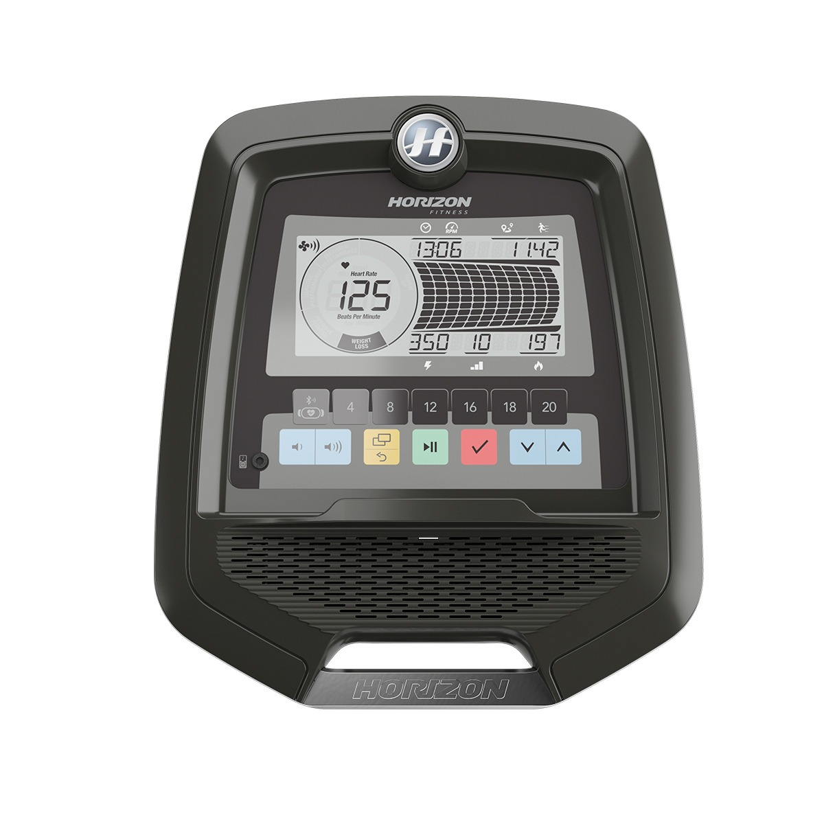 Czarny wyświetlacz Horizon Fitness. Pokazuje tętno, czas, dystans i inne wskaźniki ćwiczeń.