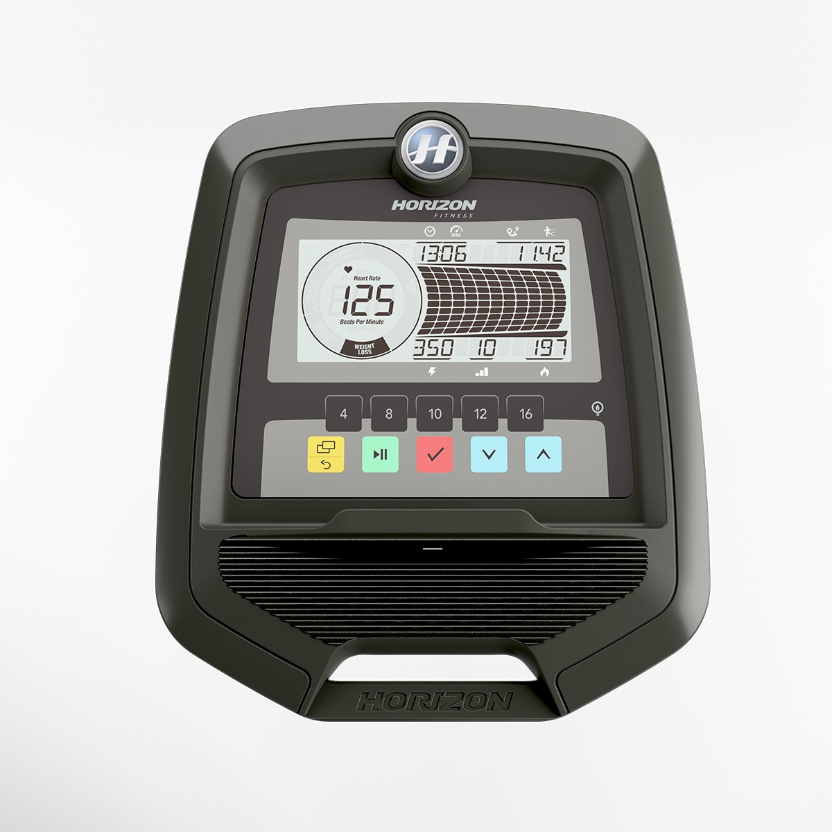 Czarny ekran sprzętu fitness z cyframi i przyciskami. Wyświetlanie tętna i statystyk treningu.