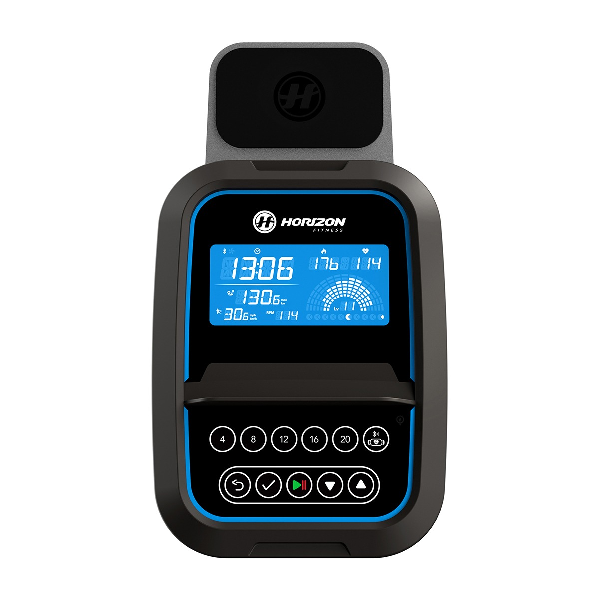 Konsola maszyny fitness z cyfrowym wyświetlaczem pokazującym czas, prędkość i statystyki. Czarno-niebieski design.