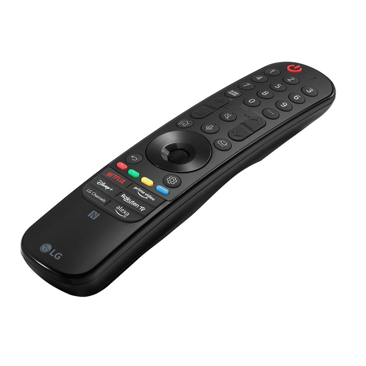 Mando a distancia de TV LG negro con varios botones.
