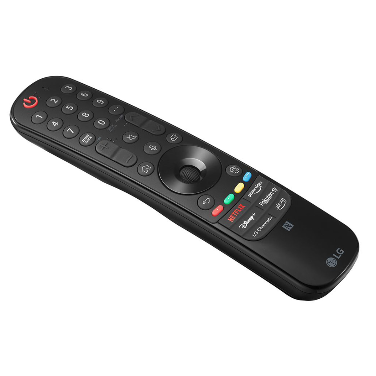 Mando a distancia de TV negro con múltiples botones e iconos.