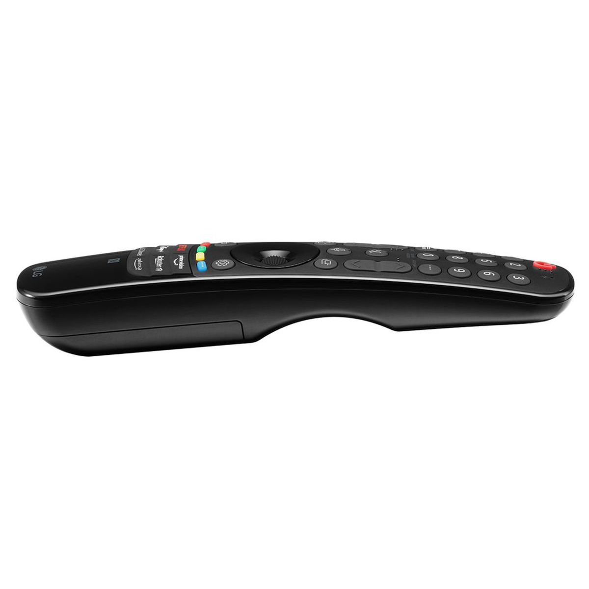 Un mando a distancia LG negro se muestra de lado.