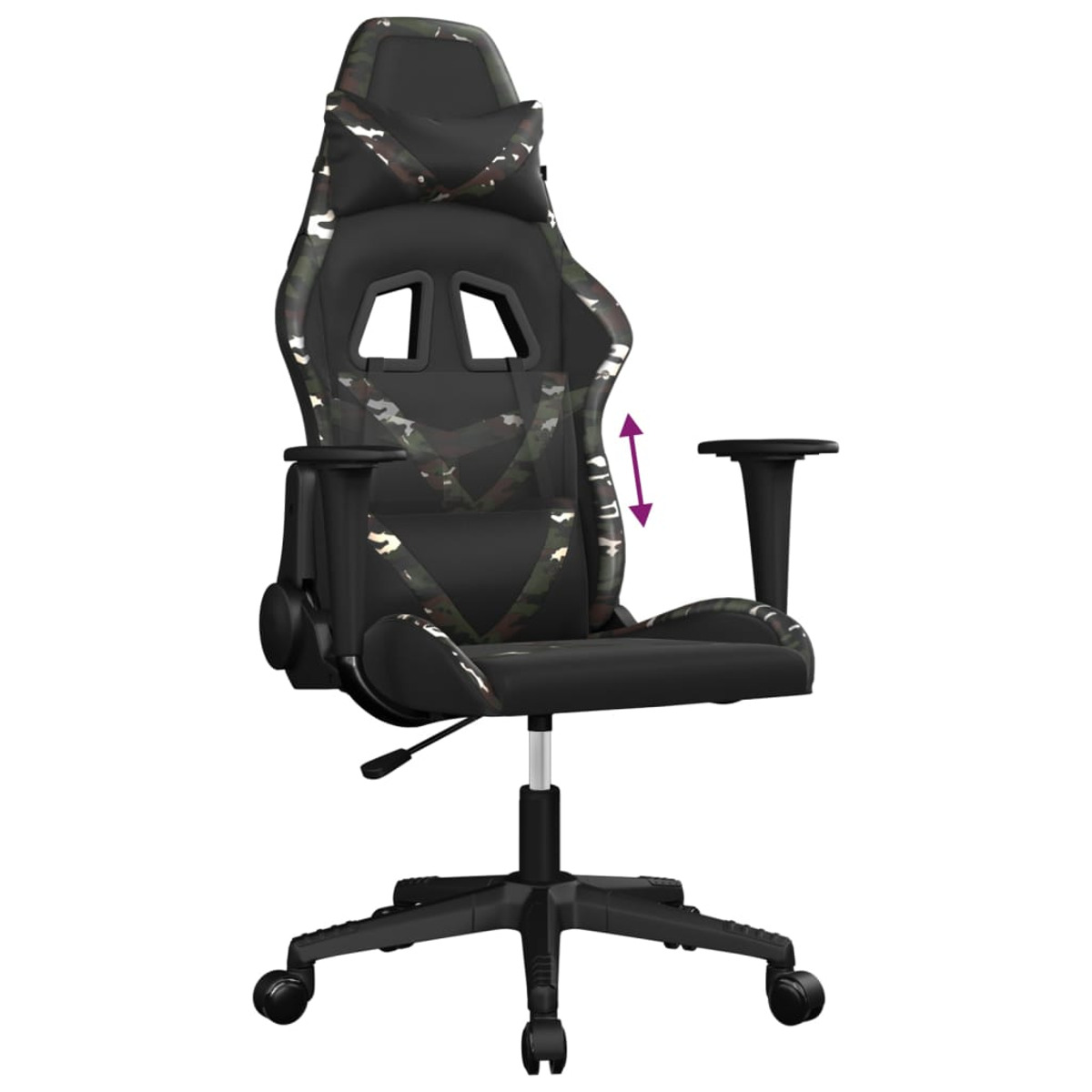 Gaming-Stuhl mit Camo-Akzenten, verstellbaren Armlehnen und Kopfstütze.