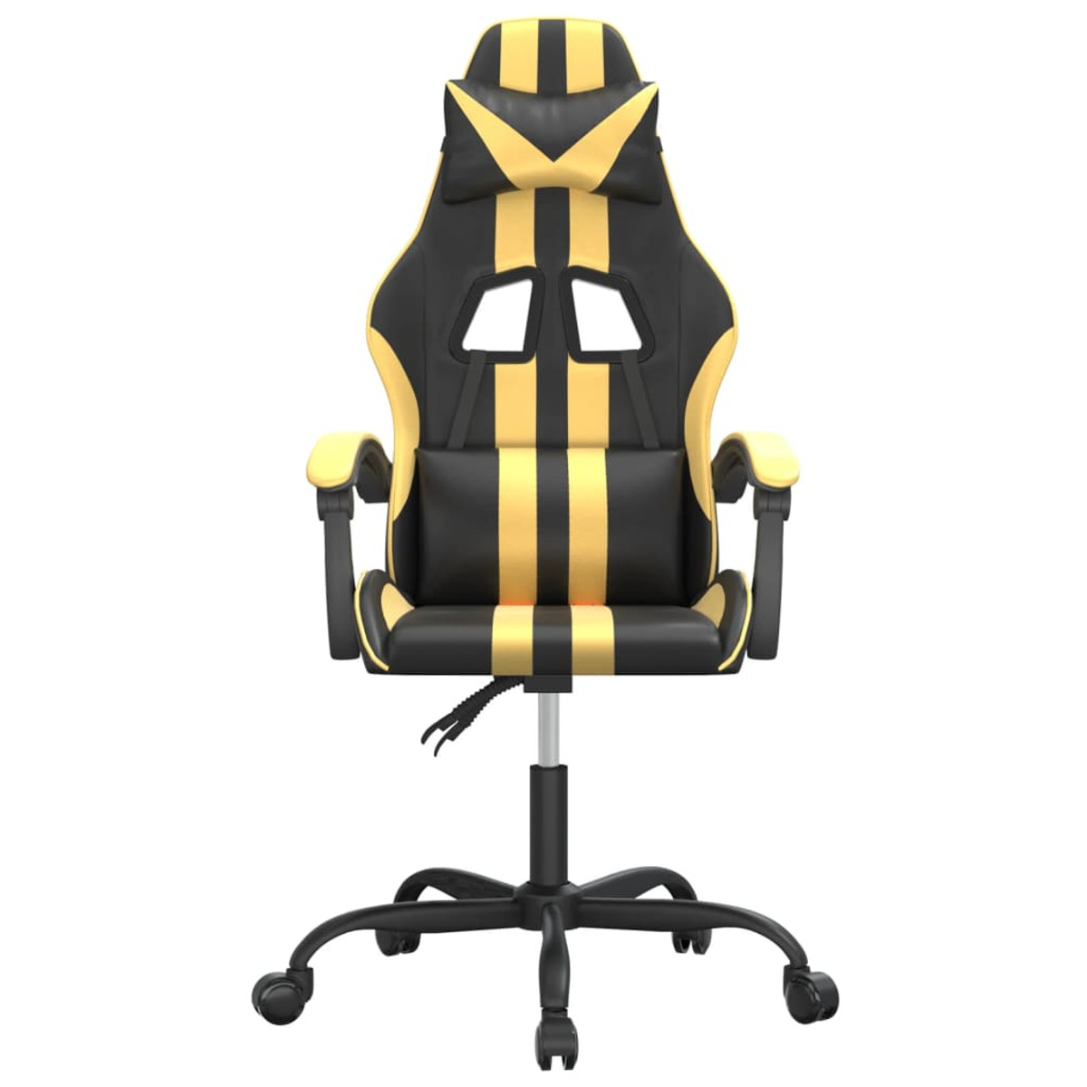 Gaming-Stuhl, schwarz mit gelben Streifen. Vorderansicht, auf weißem Grund.