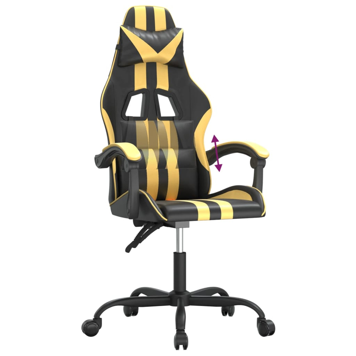 Ein schwarz-gelber Gaming-Stuhl mit verstellbaren Armlehnen. Der Hintergrund ist weiß.
