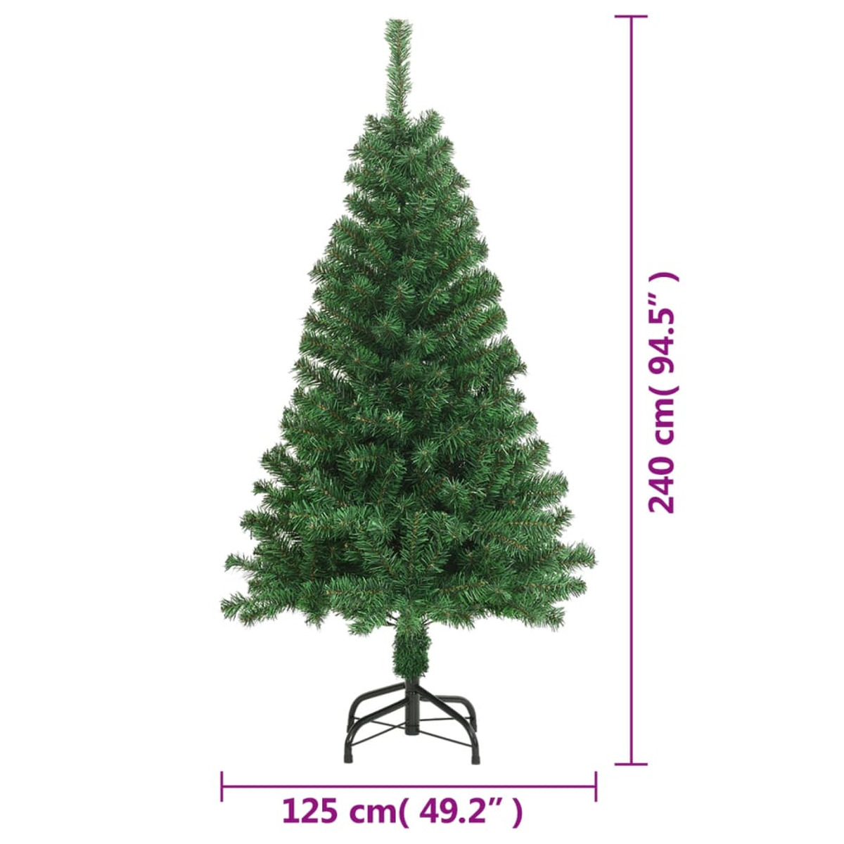 Ein grüner künstlicher Weihnachtsbaum, aufrecht stehend, mit schwarzem Ständer und Maßen.