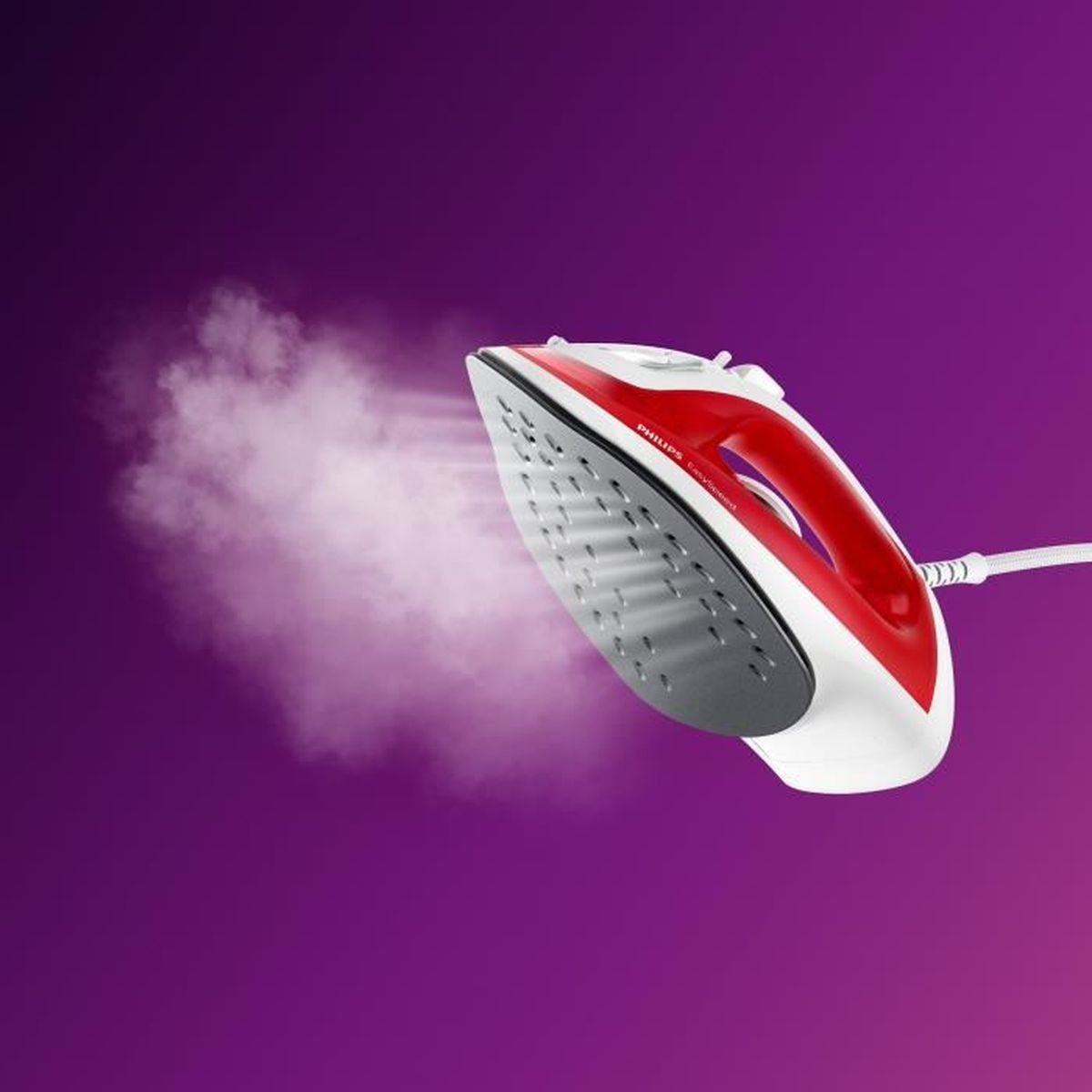 Białe i czerwone żelazko paruje. Para wydobywa się z żelazka na fioletowym tle.