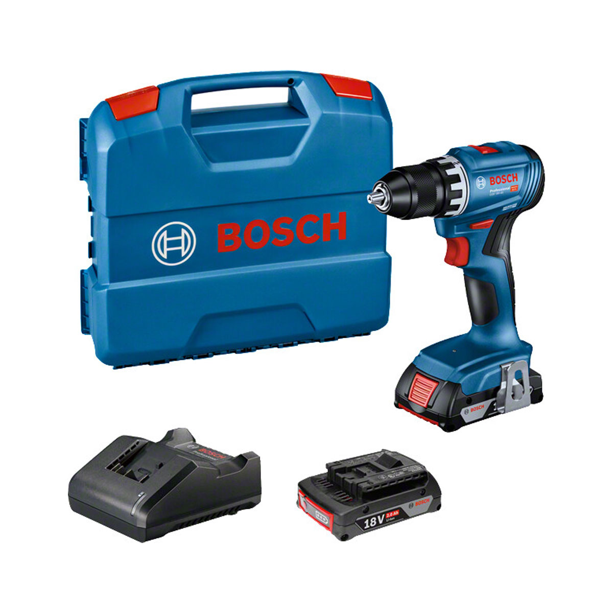 Trapano avvitatore Bosch con valigetta, caricabatterie e batterie. Il trapano è blu e nero.