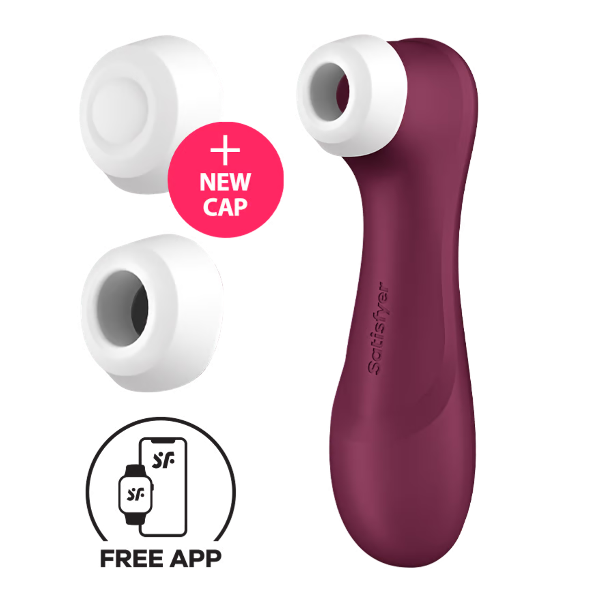 Wibrator Satisfyer z wymiennymi końcówkami i grafiką 'Bezpłatna aplikacja'.