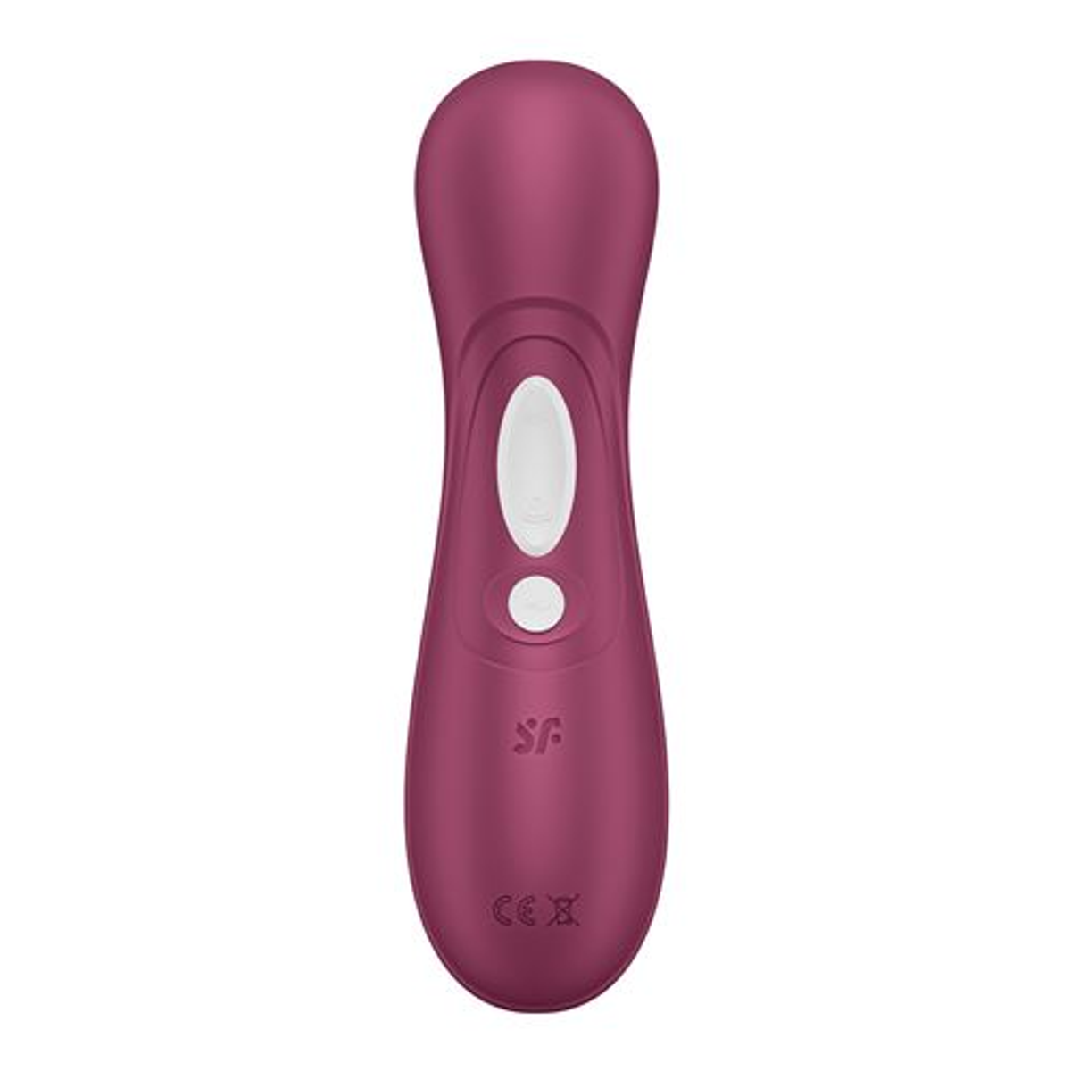 Bordowa zabawka erotyczna z dwoma przyciskami i logo.