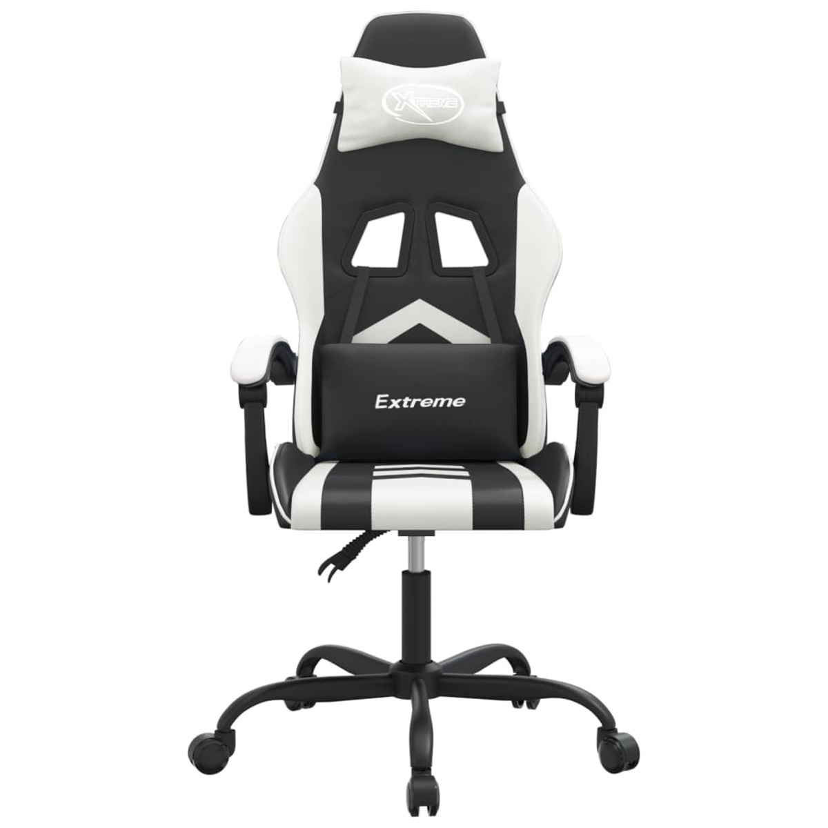 Schwarzer und weißer Gaming-Stuhl mit Extreme-Logo. Mit Kopfstütze, Lordosenstütze, Armlehnen und Rädern.