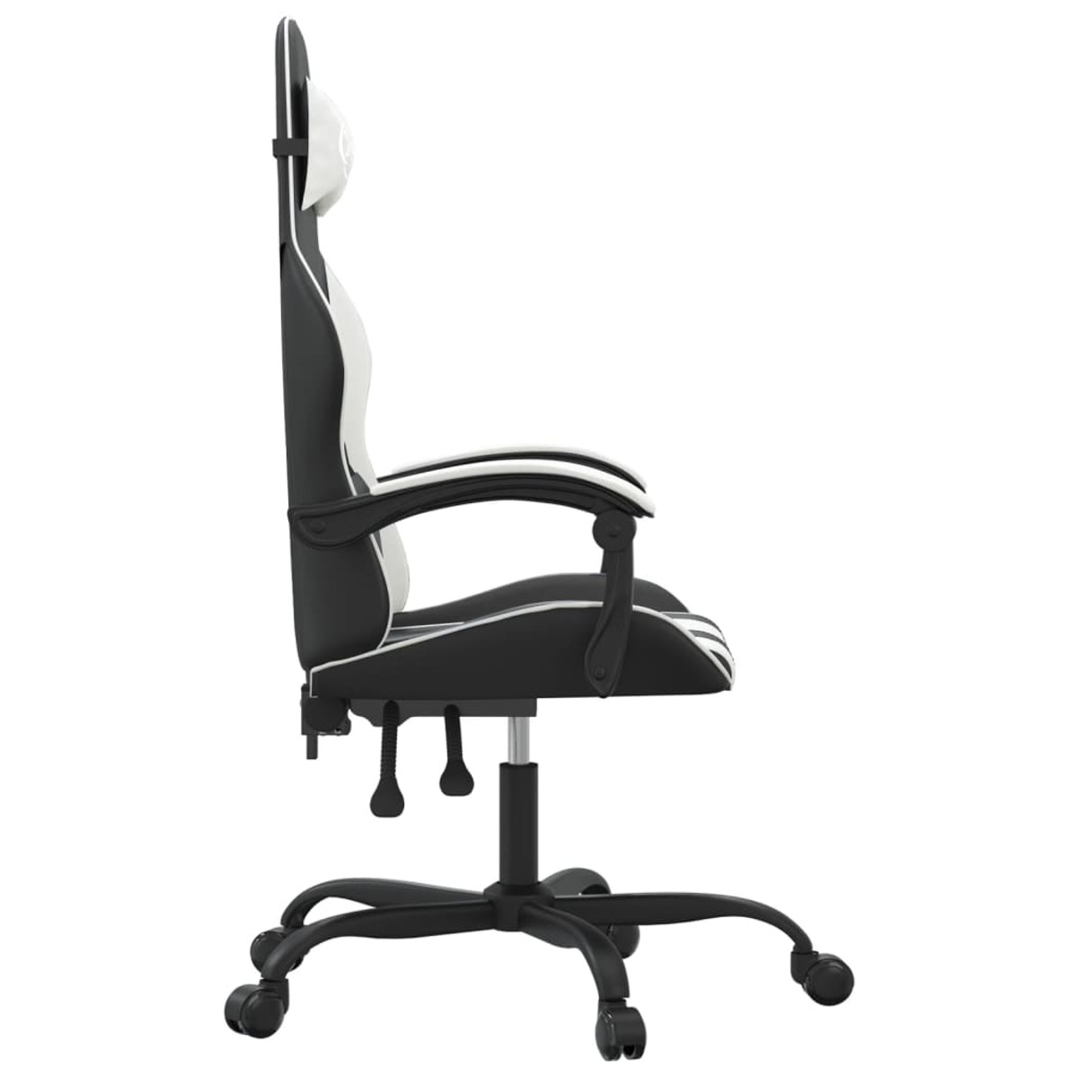 Seitenansicht eines schwarz-weißen Gaming-Stuhls mit Rädern und Kopfstütze. Der Stuhl ist leer.