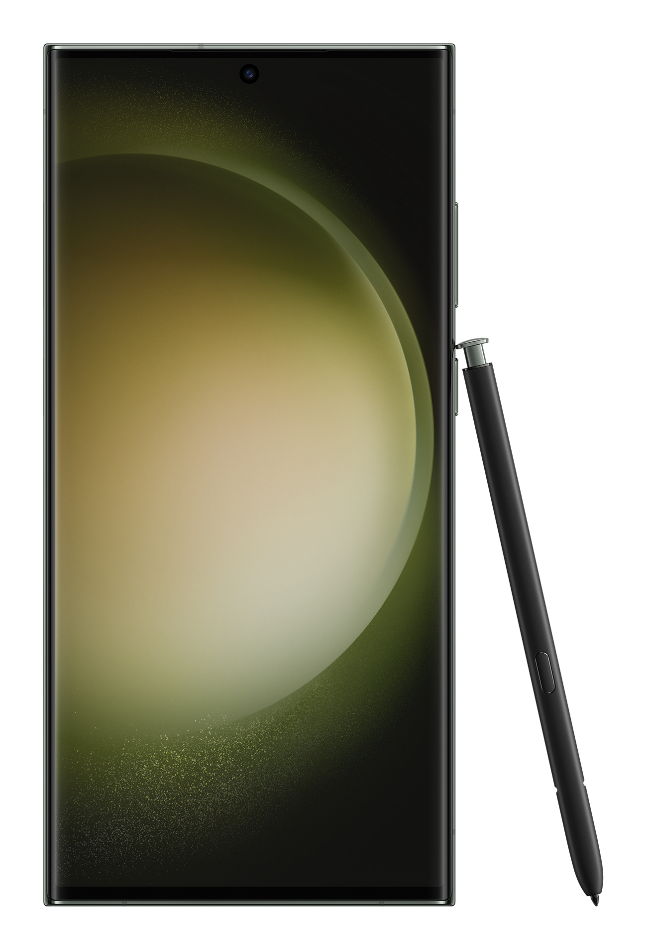 Un teléfono Samsung Galaxy negro con un lápiz óptico. El teléfono sobre fondo blanco.