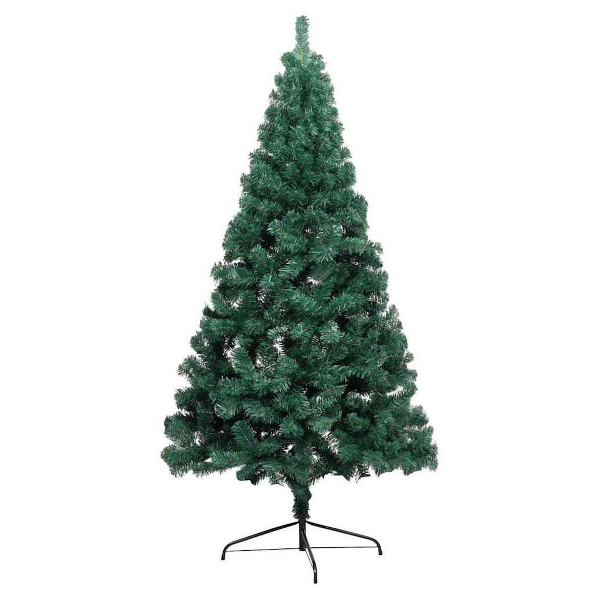 Ein grüner Weihnachtsbaum auf weißem Hintergrund. Der Baum hat einen Metallständer und ist isoliert.